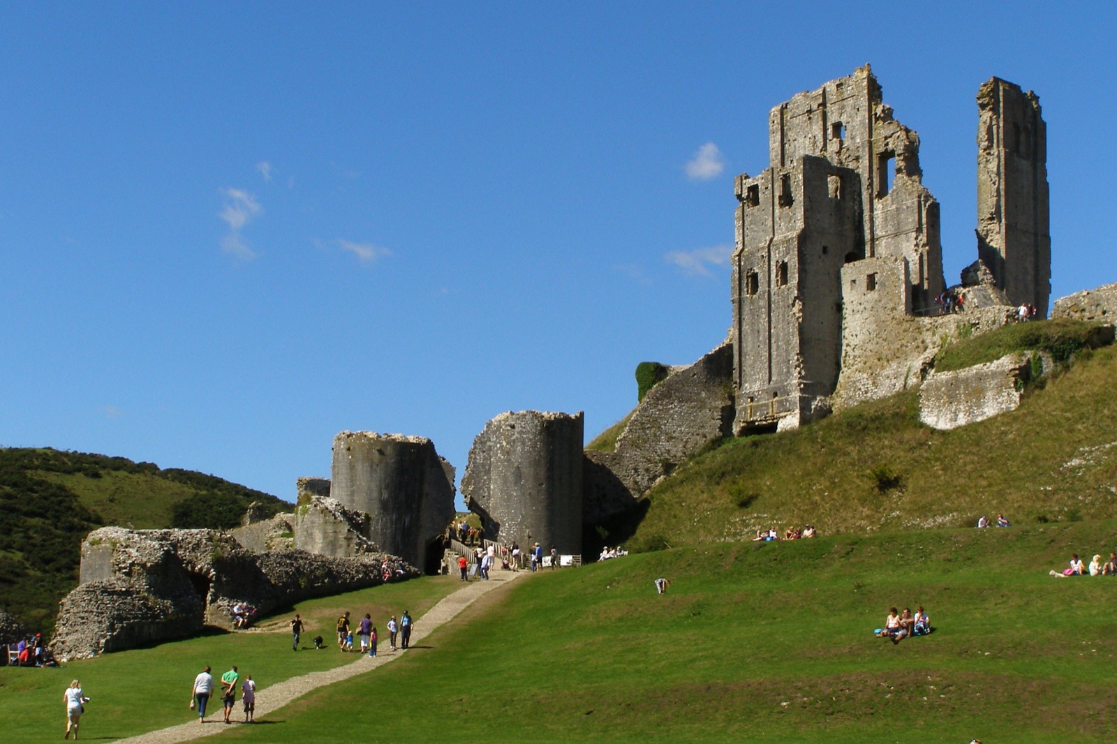 Corfe Castle in Dorset on a sunny day