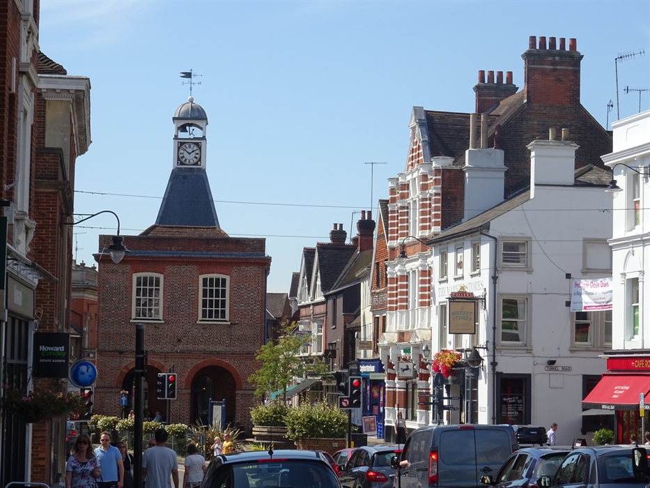 Reigate high street with the clock tower visible