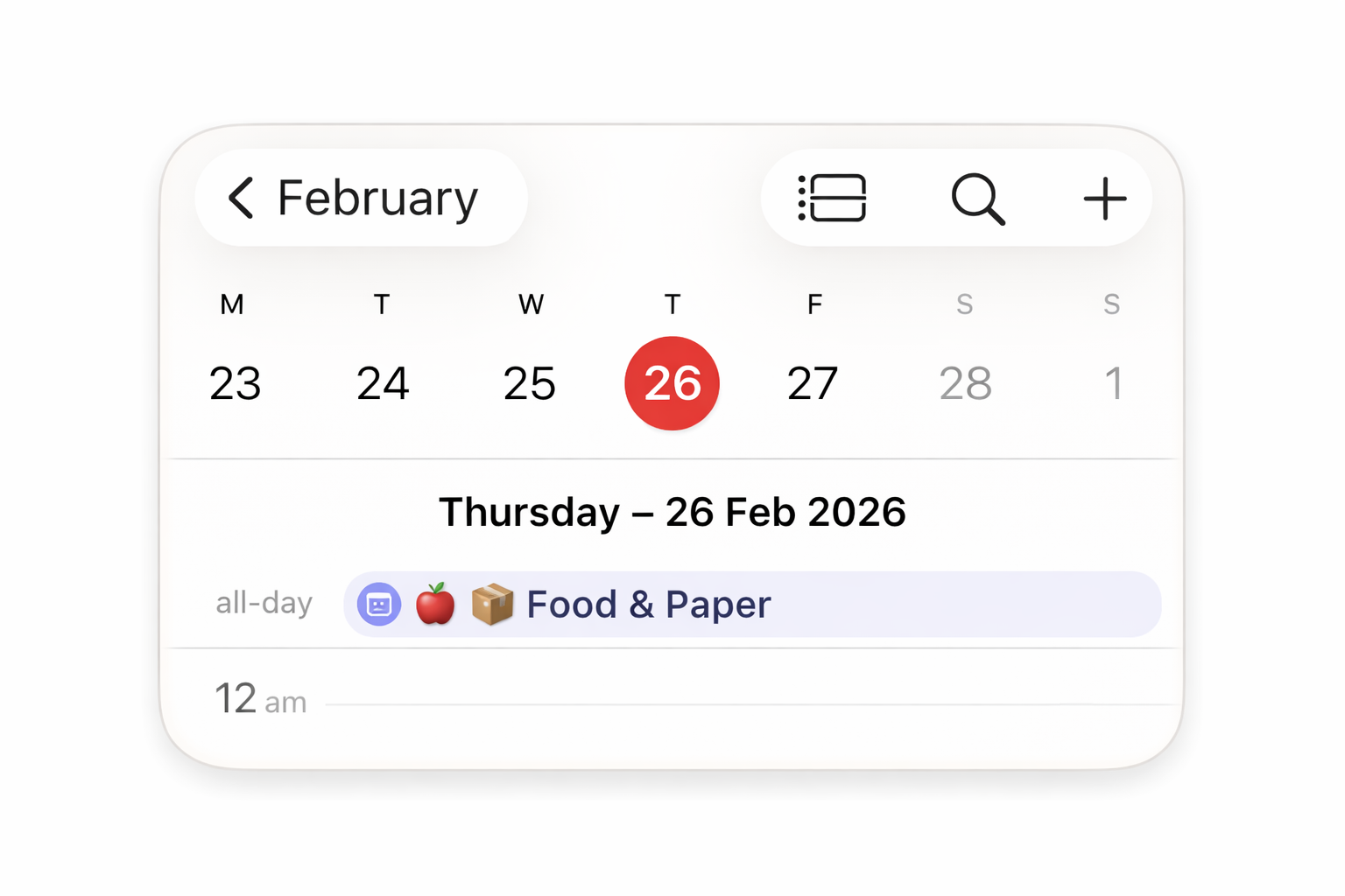 Example Lidley calendar entry showing Food and Paper collection on Thursday 26 February.